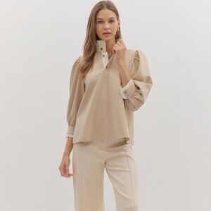 ENTRO TAUPE LONG SLEEVE SCUBA TOP WITH RUFFLE STANDING COLLAR
